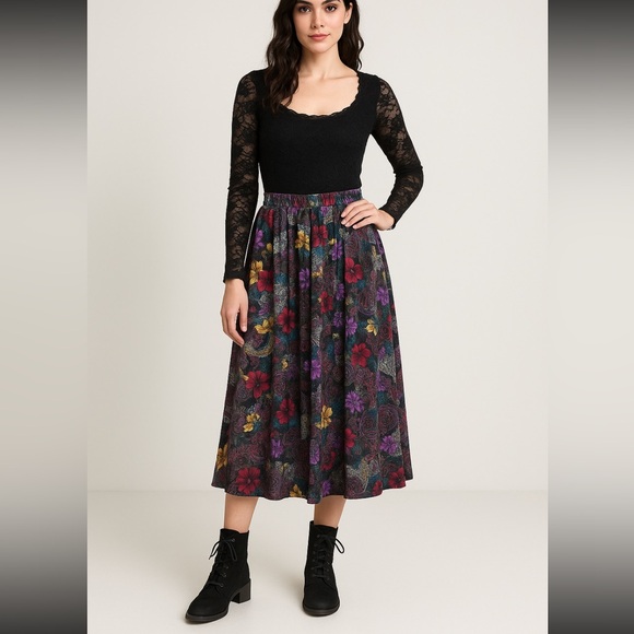 Vintage Dresses & Skirts - VTG Dark Floral Boho Midi Skirt M Elastic Waist Whimsigoth Dark Cottage Pleated
